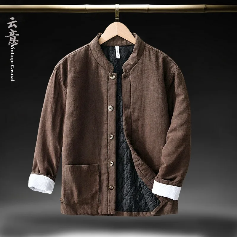 

Мужское зимнее пальто из хлопка и льна в стиле ретро, свободного кроя, традиционное китайское пальто с хлопковой подкладкой, воротник-стойка, стандартная длина