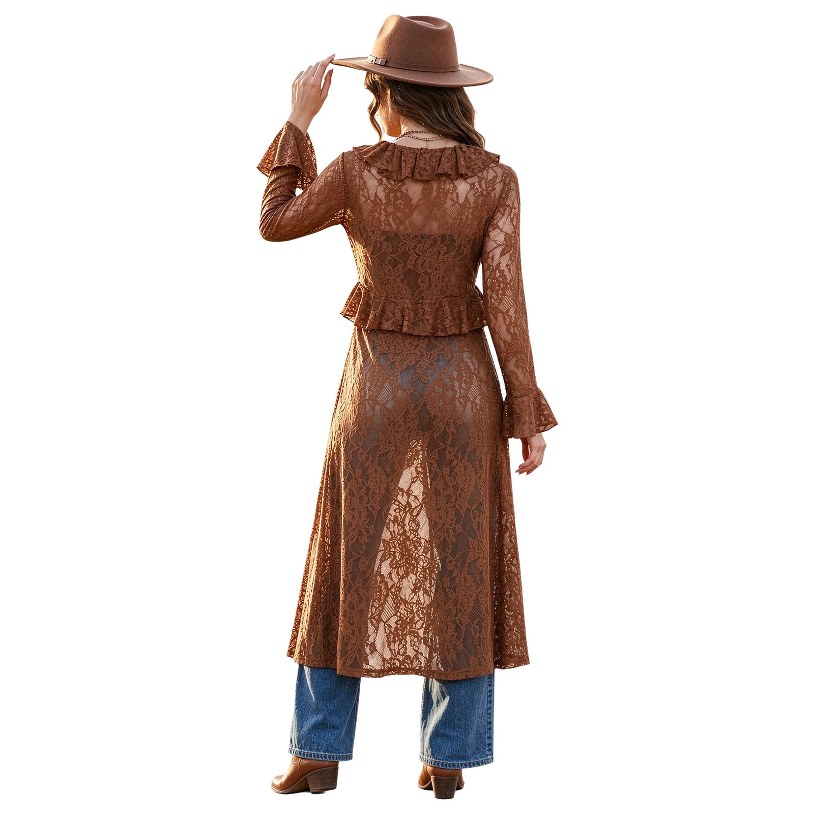 Women Floral Lace Ruffles Long Cardigan See-thorough Hollow Out Smock Flared Sleeve Tie-front Outerwear Long Mesh Cover Up Dress