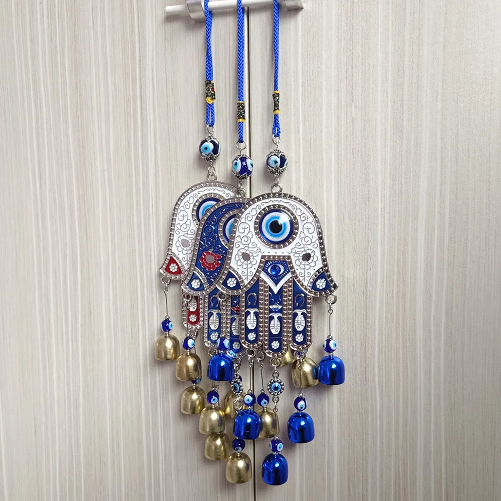 3 Pack Hamsa Evil Eye Car Hanging Ornament Lucky Wind Chimes Protection Charm Metal Bell Wall Pendant Home Office Decorative