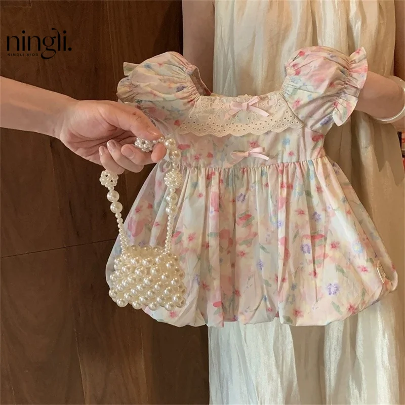 

Girls' Floral Dress Summer New Holiday Toddler Baby Sweet Stylish Dress First Birthday Trendy