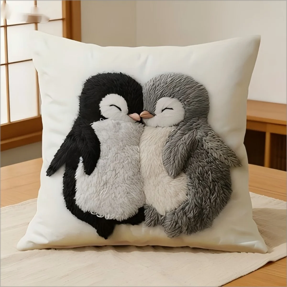Niedliche Pinguin-Kissenhülle im 2D-Stil, flauschiger Pinguin-Paar-Druck, Kissenbezug für Sofa, Couch, gemütliche Heimdekoration