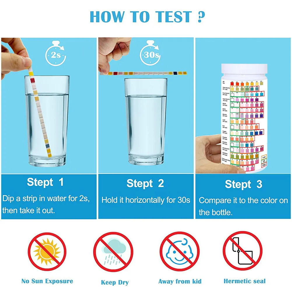 50/100 Strip 16 In 1 Drinking Water Test Kit Water Test Strips for Hardness PH Fluoride Lead Nitrate Home Water Quality Test Kit