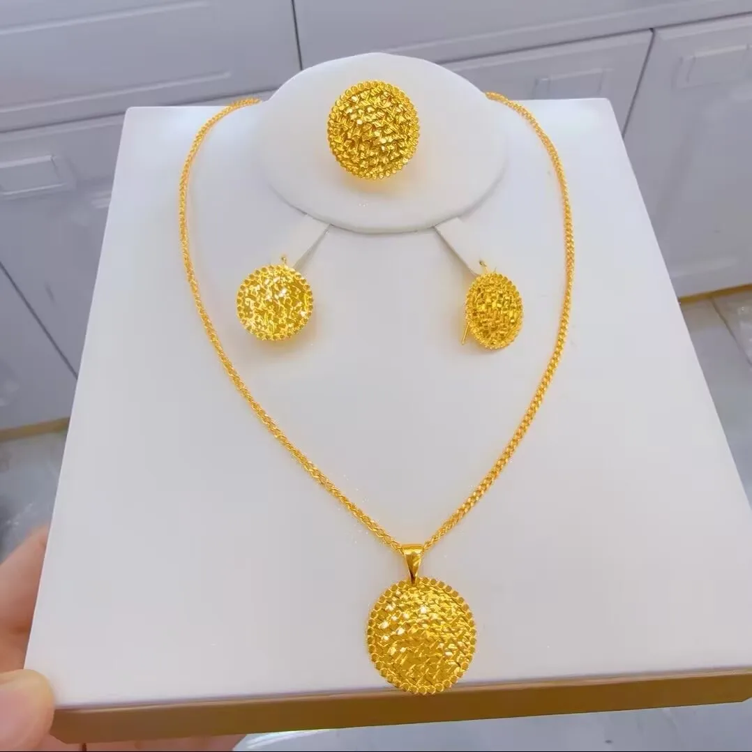 

New Dubai Nepal Spain 24K Gold Plated Alloy Necklace Earrings Ring Engagement Party Jewelry Set Gift for Women YY10683