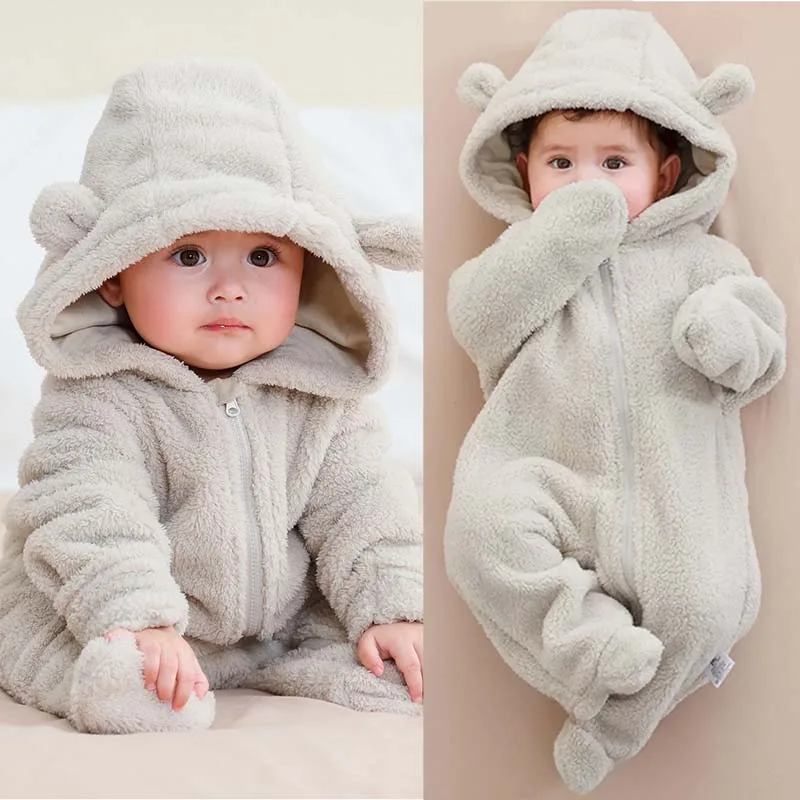 

New Born Winter Pajamas Soft Fleece Rompers with Ears One-Pieces Infant Footed Jumpsuit Zipper Oneies for Baby Boy Girl Clothes