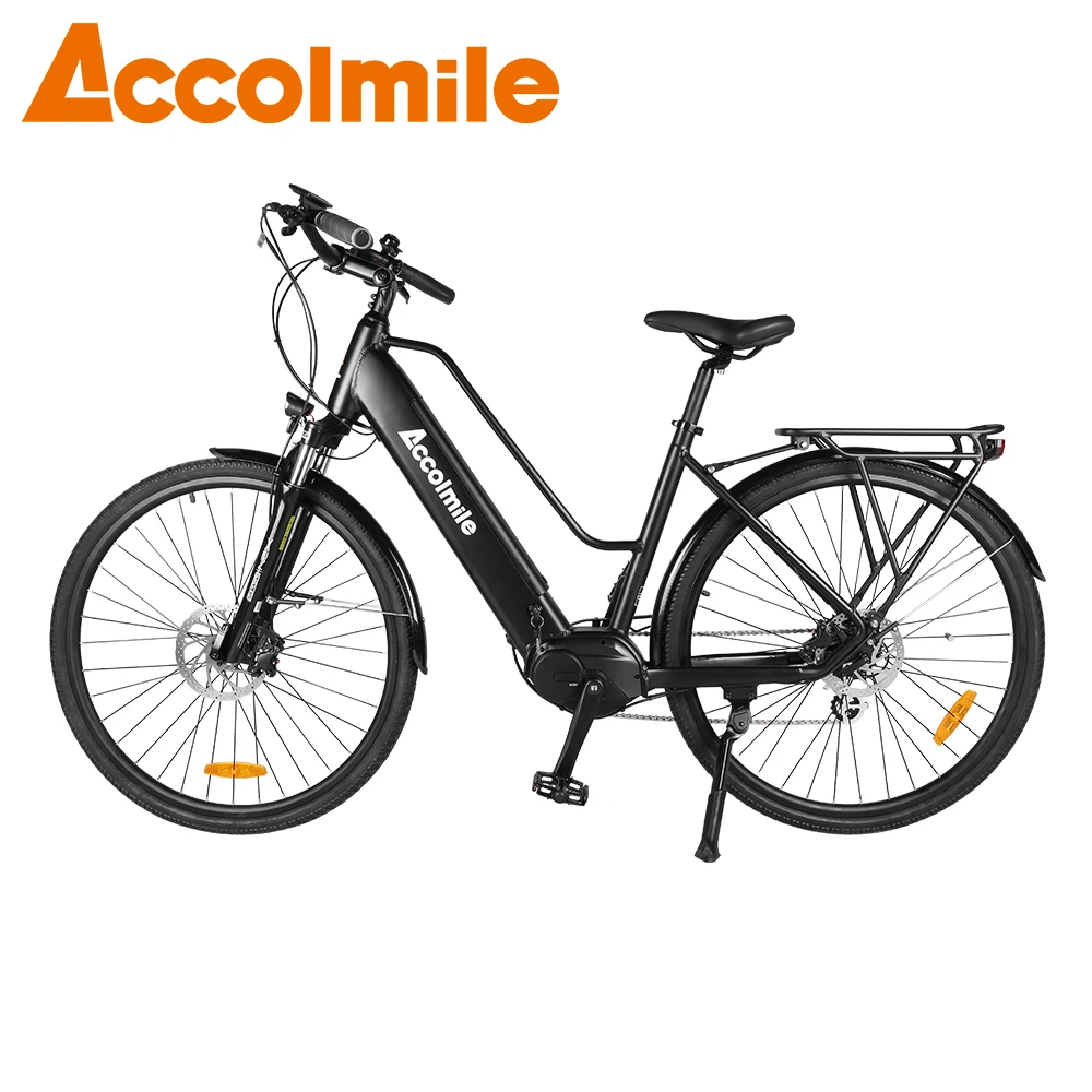 Accolmile Black Electric Bike Powerful 250W City Ebike With BAFANG Mid Motor 28 Inch Adult Electric Bicycle Mens Womens