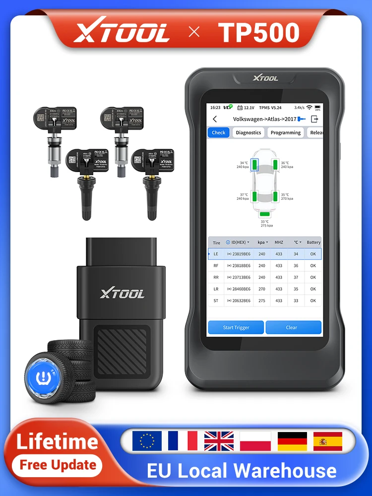 XTOOL TP500 TPMS-Programmiergerät Drahtloses Scan-Tool OBD2-Scanner Vollsystem-Diagnosegerät mit 17+ Reset-Funktionen TPMS-Programmierung TS100PRO-Sensoren Aktivierung und Neulernen von 99% der