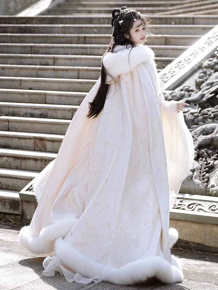 Manto tradicional chinês hanfu branco elegante anti-vento frio quente neve foto novo manto chinês com capuz