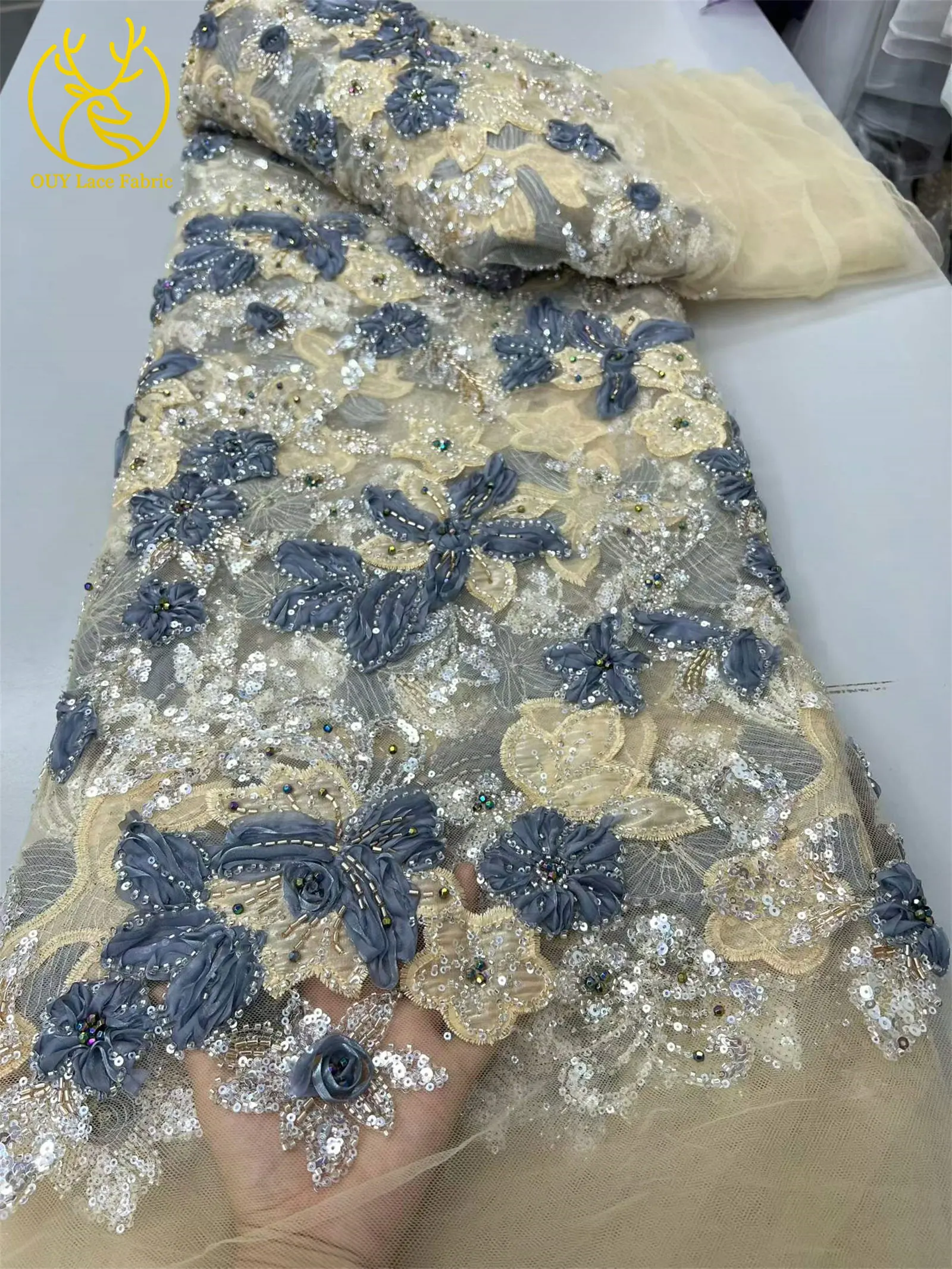 Eleganter 3D-Blumen-Spitzenstoff mit afrikanischen Perlen, französischer nigerianischer Pailletten-Mesh-Tüll-Spitzenstoff für Hochzeits- und Partykleider, Nähen, 5Y – Detail 11