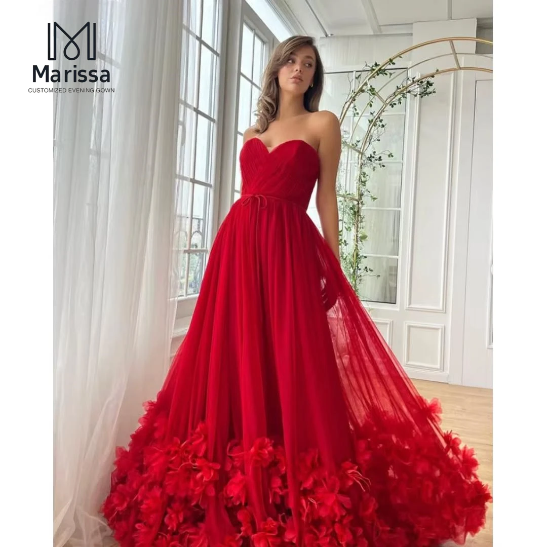 マリッサ A ラインチュールボールガウンイブニングドレス D/パーティー 3D 花レッドカスタムメイドオフショルダー女性のイブニングドレス女性プロム