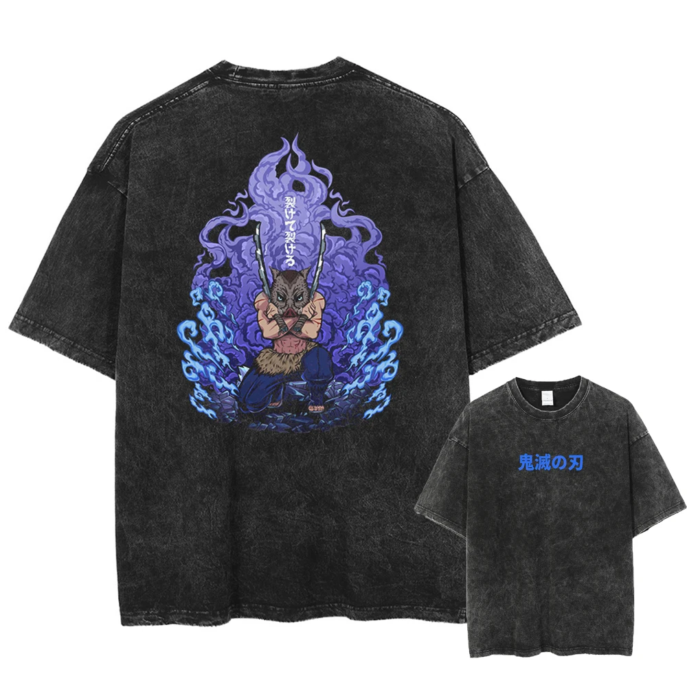 Sommer Gewaschen Vintage T Shirts Mann Dämon Slayer Anime Print Harajuku Oansatz Übergroßen Kurzarm T-shirts Unisex Streetwear Tops