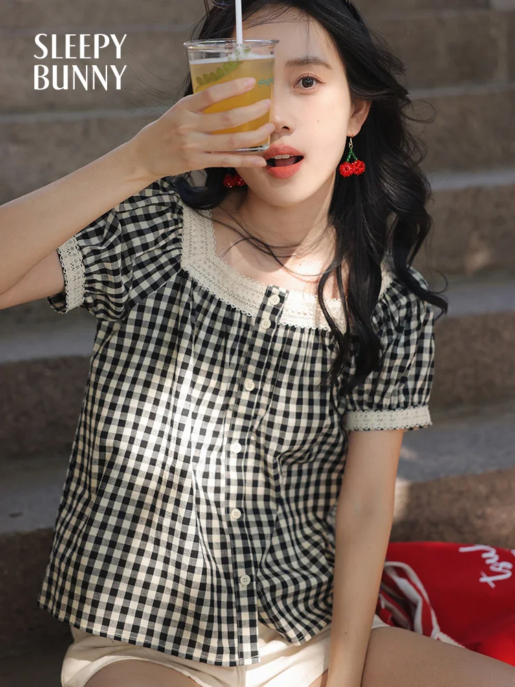 

Sweet Style Pure Cotton Gingham Plaid Shirt Women's Summer Thin Short Sleeve Lace Detail Loose Fit Breathable Skin-Friendly