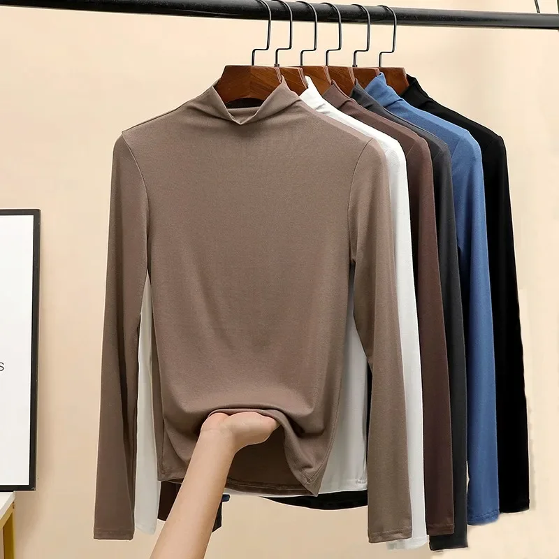 YSZWDBLX Women T-shirt Autumn Winter Long Sleeve Half High Collar Soft Modal Bottoming Shirt High Strecth Korean Warm Inner Wear