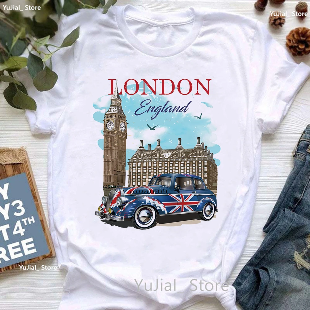 London England Car Graphic Print T Shirt Women Clothes 2024 Summer Fashion  California Tshirt Femme White Short Sleeve T-Shirt