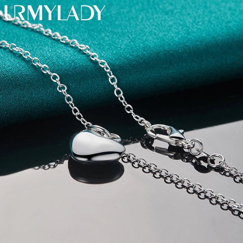 

URMYLADY 925 Sterling Silver Solid Love Heart 16/18/20/22/24/26/28/30 Inch Pendant Necklace For Women Party Fashion Jewelry