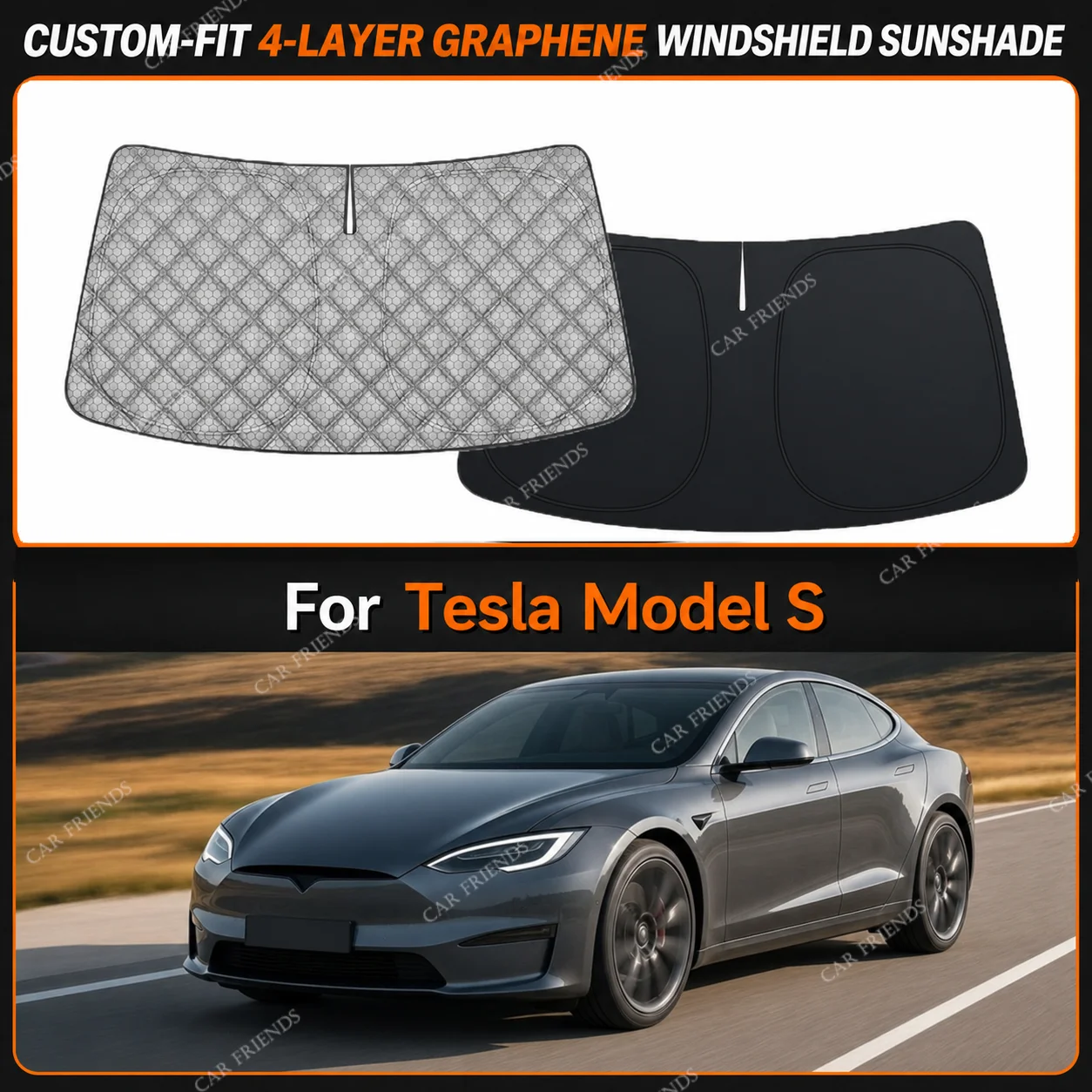 For Tesla Model S Custom-Fit 4-Layer Graphene Windshield Sunshade Reflective Gray-Silver Surface Helps Reduce Direct Sunlight