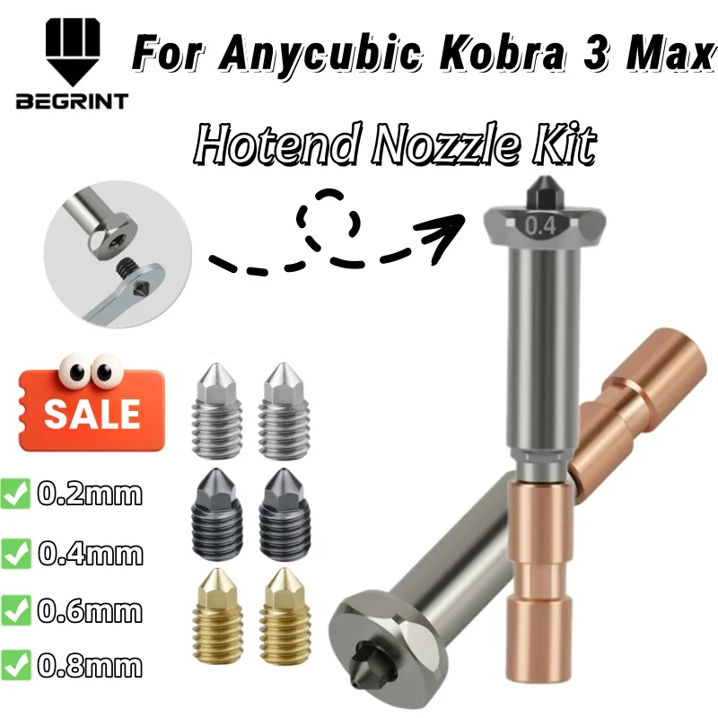 

High Temp Wear Copper Brass Hardened Steel Nozzle Kit for Anycubic Kobra 3 Max Combo 0.2/0.4/0.6/0.8mm Hotend 3D Printer Parts.