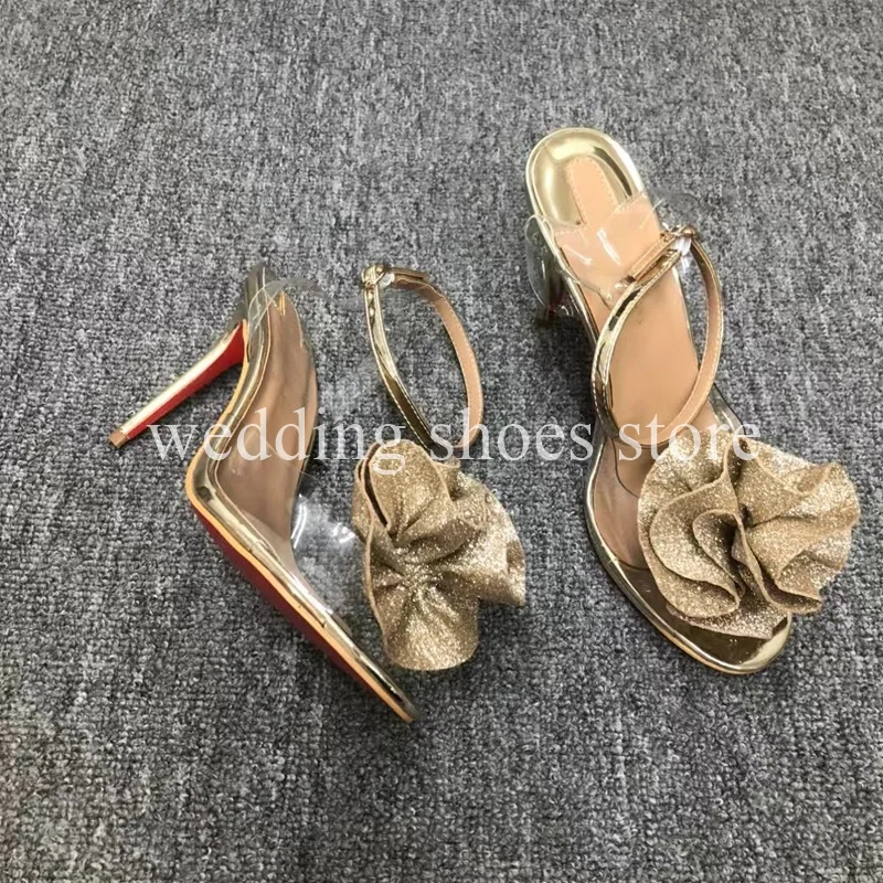 Tira transparente flor sapatos de salto alto para mulheres, sandálias pretas embelezadas, alça fina, moda festa