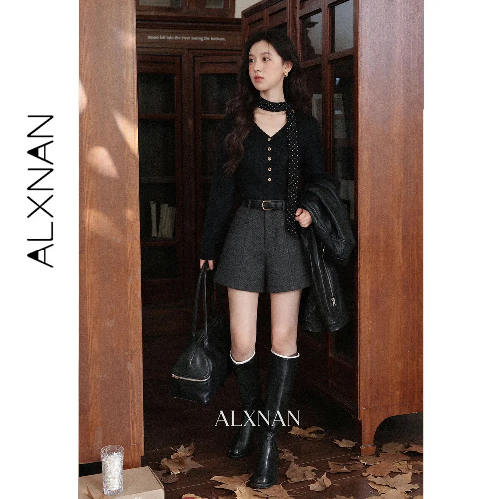 ALXNAN Dark Grey Casual Shorts Women Autumn High Waist Wide‑leg A‑line Short Pants 2026 Fashion Elegant Baggy Shorts L678131A