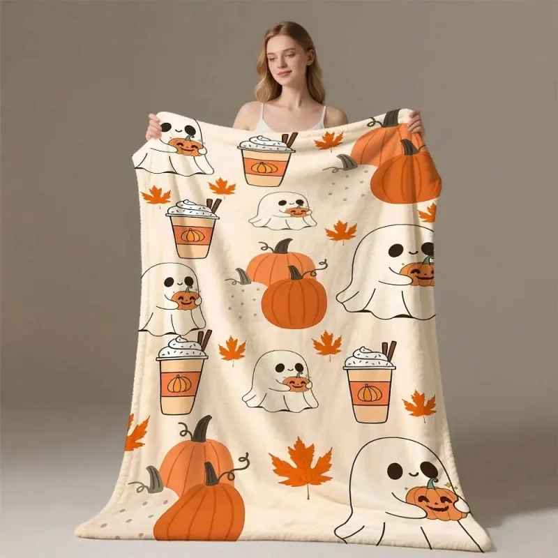 Halloween Ghost Witch Hat Pumpkin Bat Print Throw Blanket, Soft Lightweight Flannel Blanket for Couch Sofa Bed Indoor