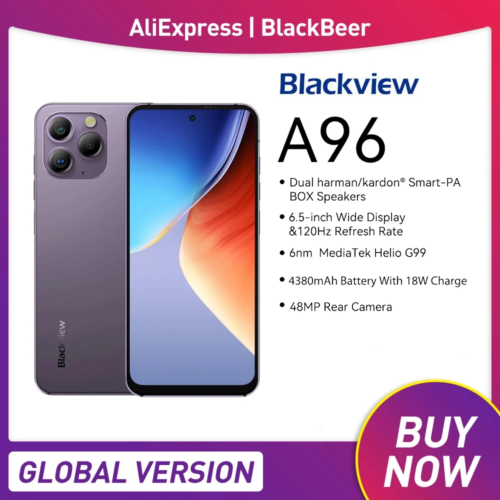 

Blackview A96 Smartphone Android 13 8GB/12GB+256GB Mobile Phone 6.5Inch 2.4K Display Octa Core 4380mAh 48MP Camera Cellphone NFC