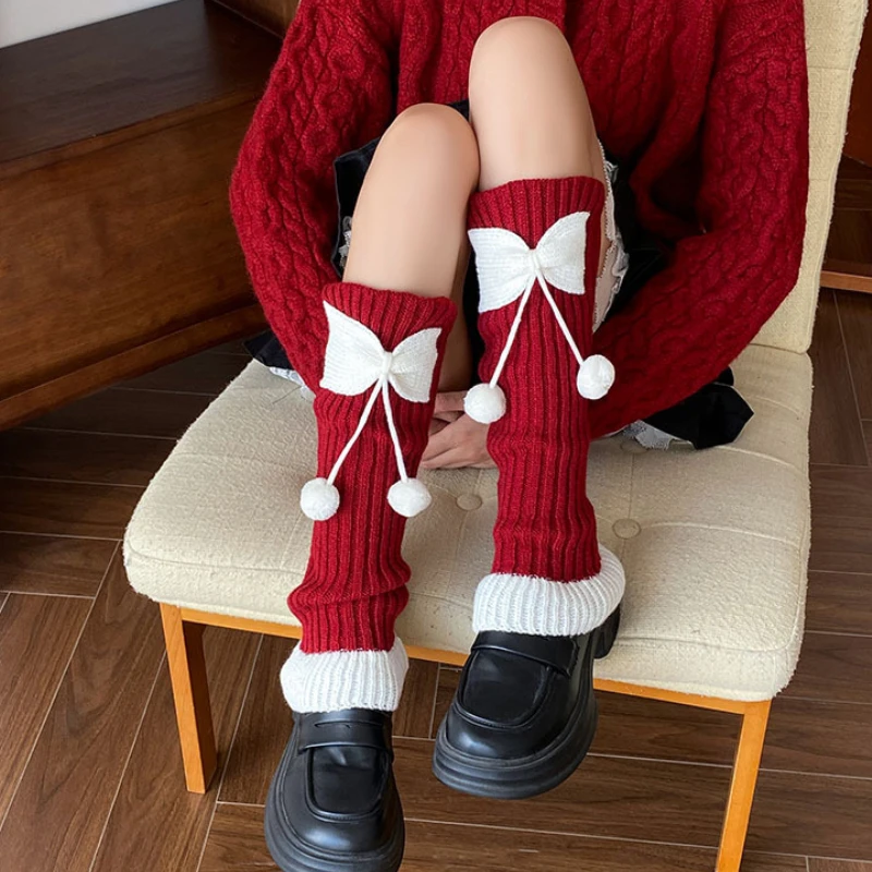 

Sweet Bow Socks for Women Cute Hairball Pink and White Contrast Splicing Stacked Socks for Autumn and Winter Warm Leg Cover