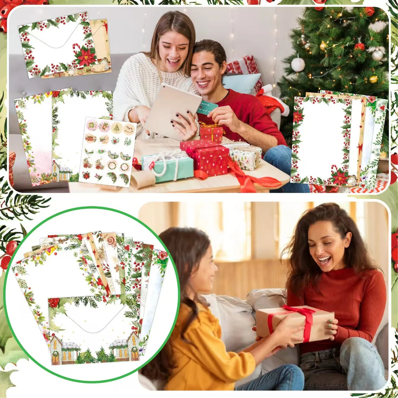 مجموعة قرطاسية عيد الميلاد الجديدة مكونة من 160 قطعة مع مغلفات وملصقات، 50 ورقة كتابة، 50 ظرفًا متطابقًا، 60 ملصقًا للختم