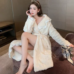 2023 New  Autumn Winter Nightgown Women Sweet Sexy Coral Fleece Thickened Long Pajamas Warm Bathrobe Home Wear