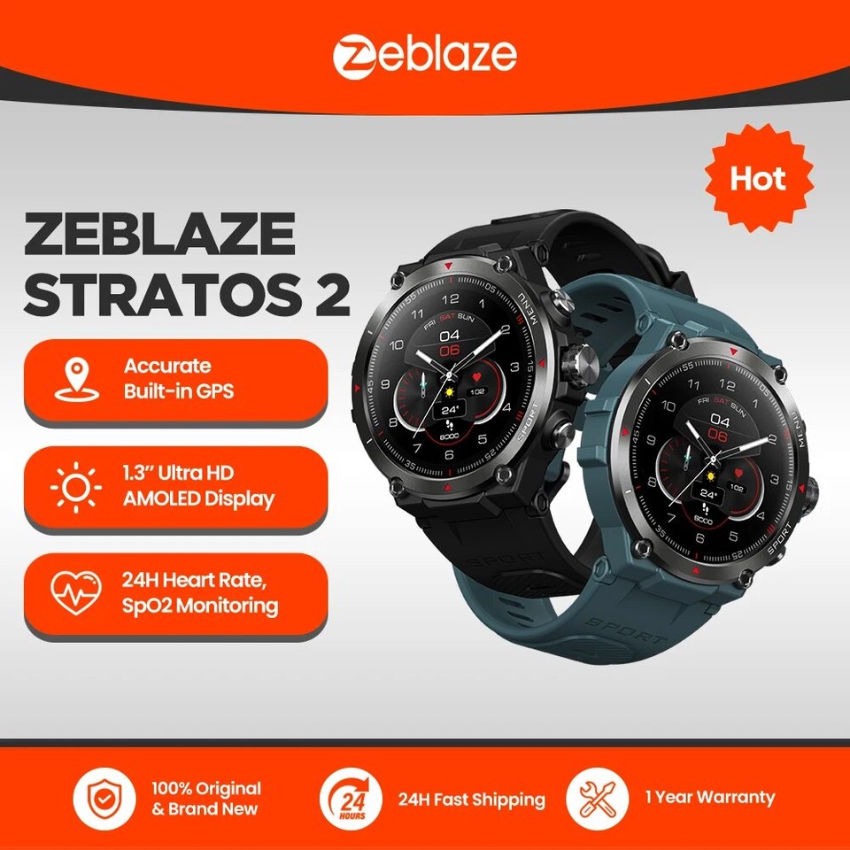 DLUA03 Zeblaze Stratos 2 GPS Smart Watch AMOLED Display 24h Health Monitor 5 ATM Long Battery Life Smartwatch for Men