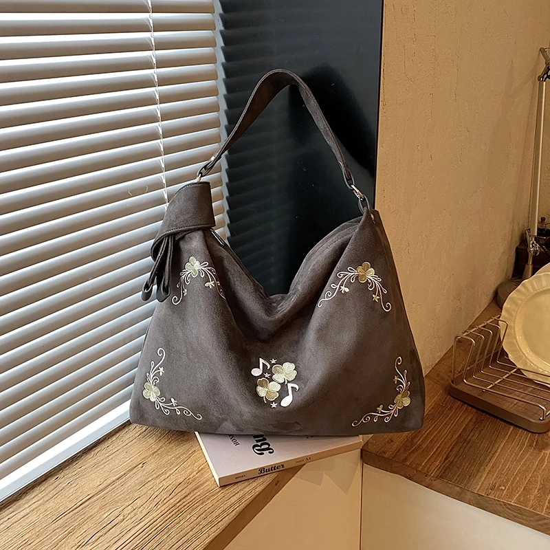 Vintage Suede Hobo Shoulder Bag Floral Music‑note Embroidery Handbag Bow‑knot Strap Large Capacity Casual Daily Crossbody Purse