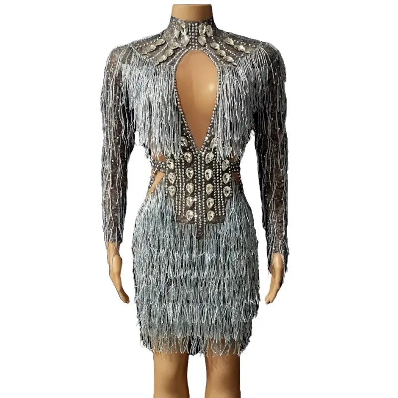 

Sparkly Rhinestones Grey Tassel Mesh Short Dress for Women Prom Evening Party Birthday Dress Singer Stage Performance Costume