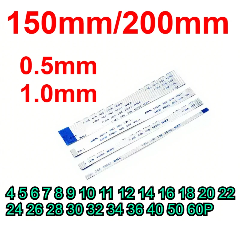 

100Pcs FPC Flexible Flat Cable FFC 0.5/1.0MM 150MM/200MM A/B type interface 4P 5P 6P 8P 10P 12P 14P 16P 18P 20P 22P 24P-60P 20cm