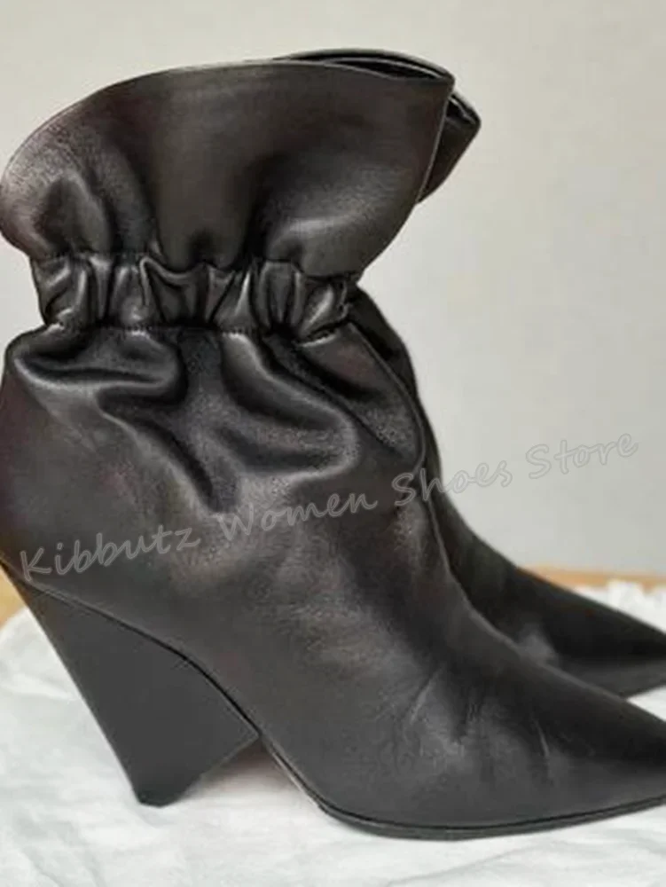 

Pleated Ankle Boots Pointed Toe Strange Style Genuine Leather Solid Slip-On Fashion Sexy Concise Elegant Fashion Women Shoes New