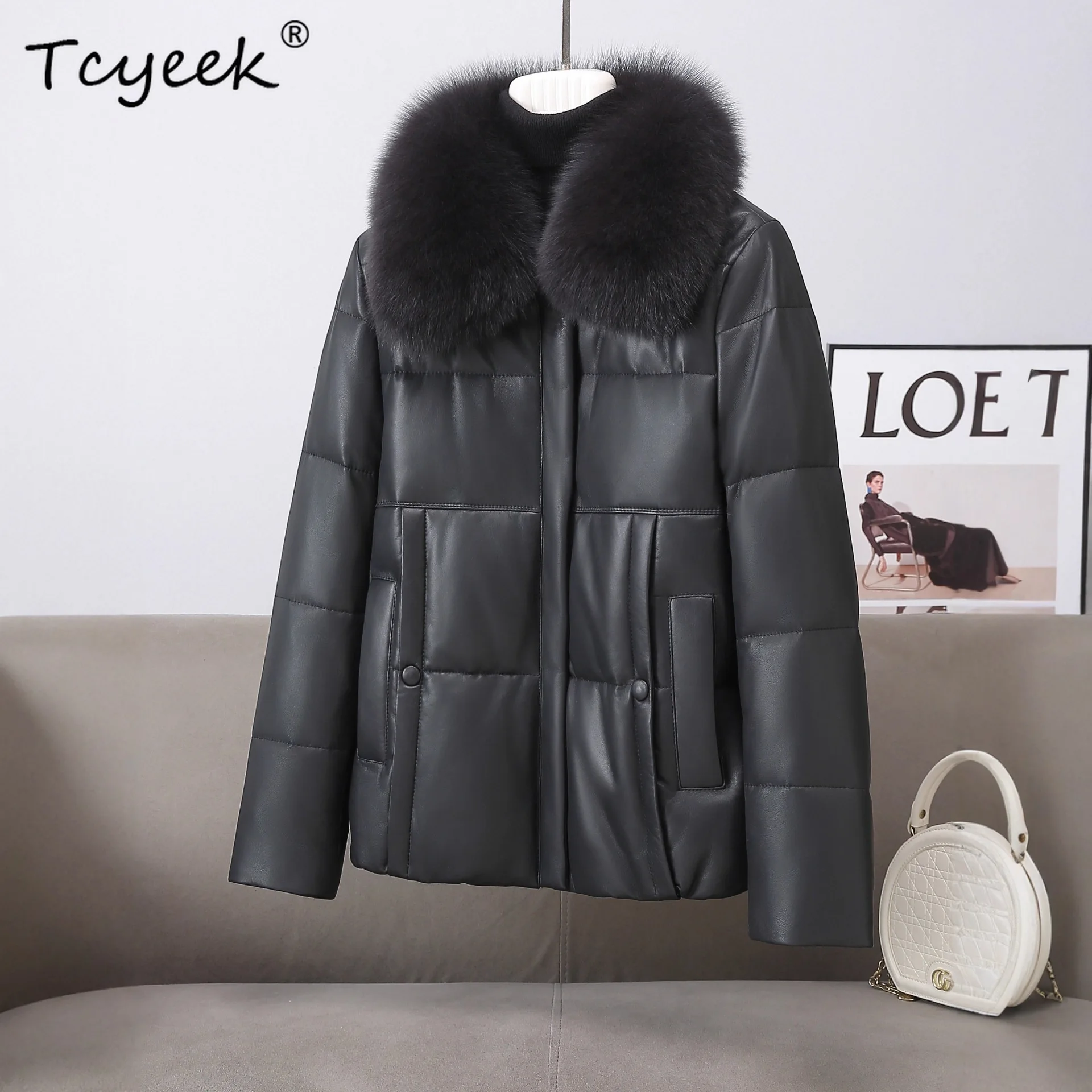 Tcyeek سترة جلدية أصلية للنساء ملابس الشتاء 2025 معطف من جلد الغنم الحقيقي امرأة دافئة أوزة أسفل معاطف الثعلب الفراء طوق