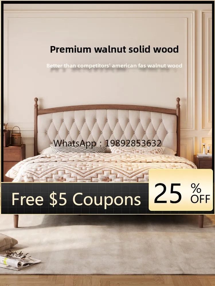 

YFY Gu Family Wood Art Vintage Style Walnut Solid Wood Bed Master Bedroom Leather Upholstery