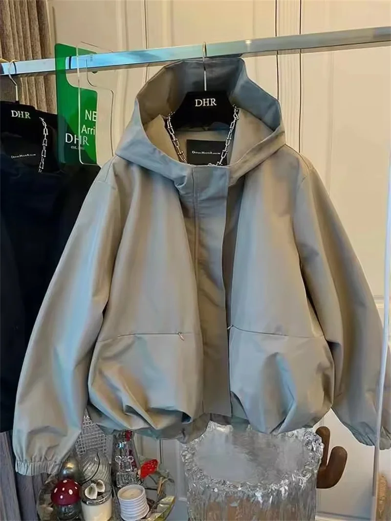 Unique Women Spring Autumn Hooded Short Jacket Casual Drawstring Pocket Windbreaker Loose Zipper Basic Coat