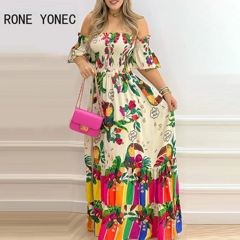 Women Chic Off Shoulder Slash Neck All Over Print Bird Pattern Short Sleeves Maxi A-line Sexy Dress