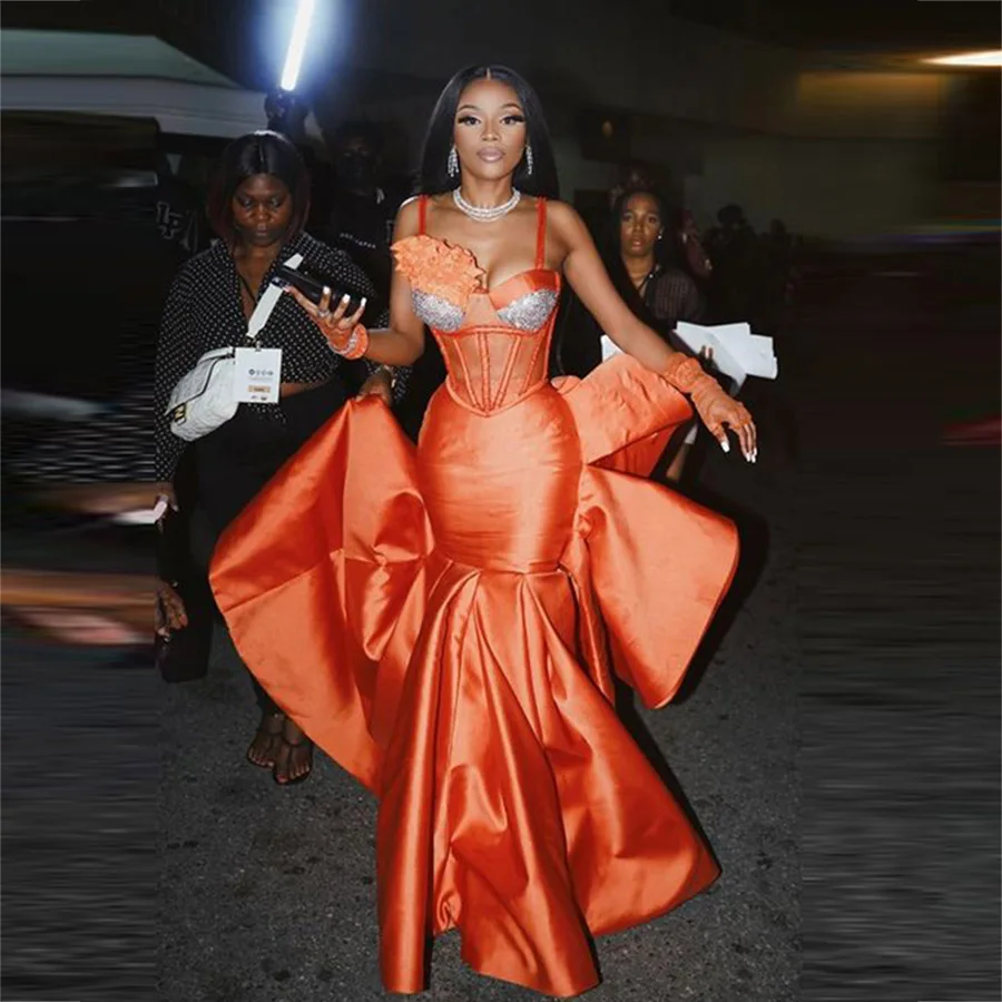 Orange Satin Mermaid Prom Dresses Spaghetti Lace Appliques Evening Gowns Women Formal Occasion Party Dress Robe De Soiree