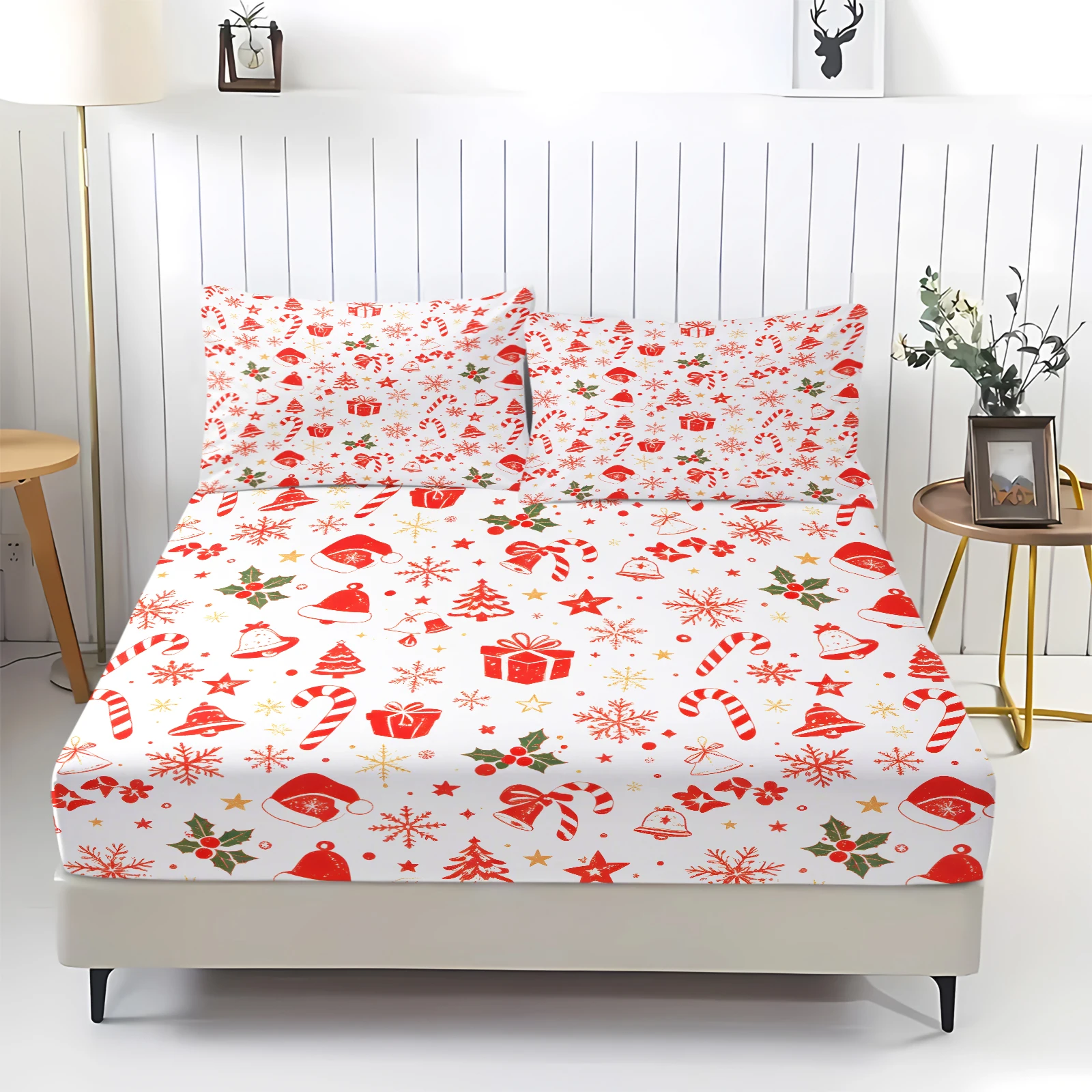 Christmas Fitted Sheet Set Retro Xmas Print Elastic Mattress Cover with Pillowcase Santa Hat Gift Bell Candy Holiday Bedding Set