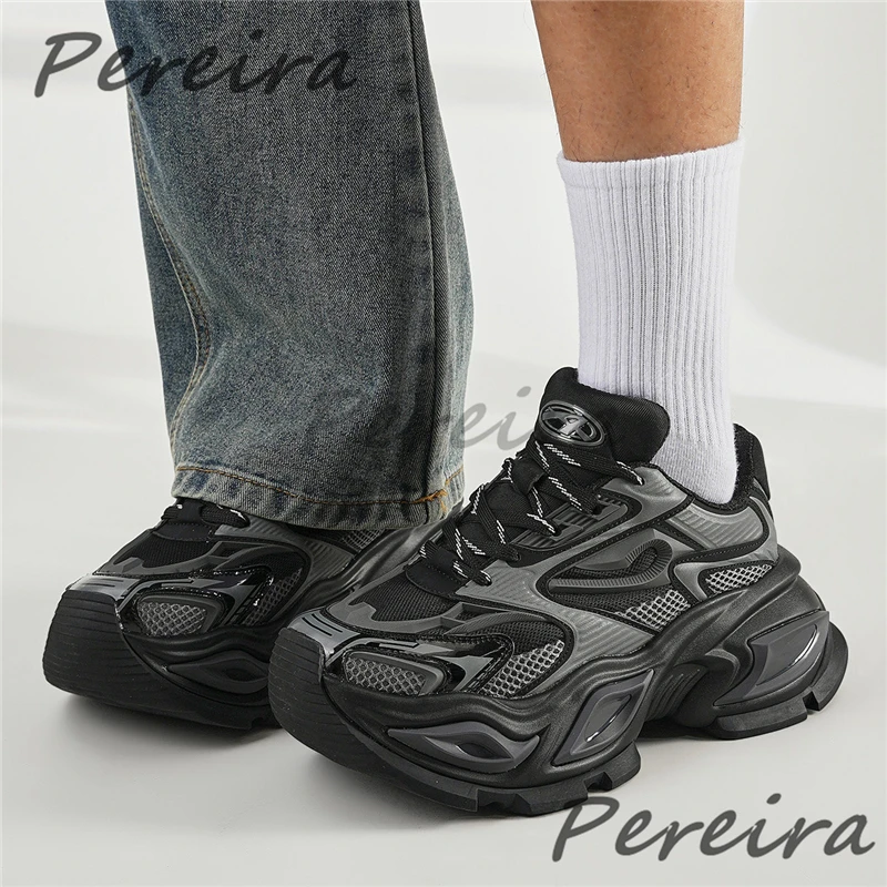 Summer Breathable Mesh 8Cm Thick Bottom Sports Shoes Black White Lace-Up Causal Sneakers Outdoor Street Style Trendy Men's Shoes