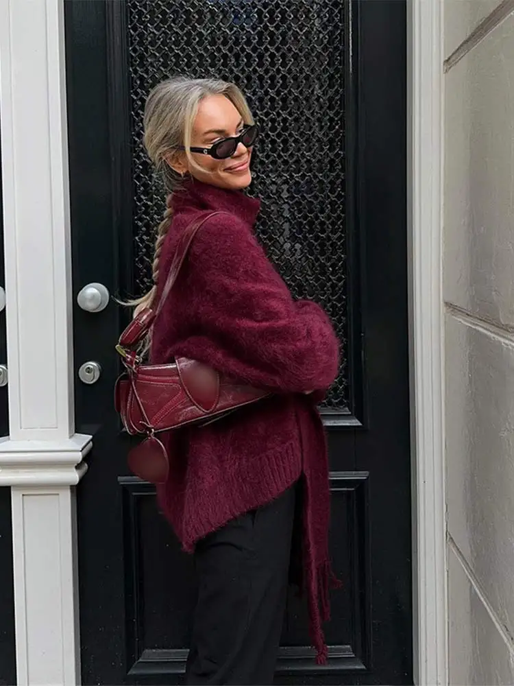  Elegant Burgundy Scarf Collar Mohair Knit Cardigan Women Chic Single Breasted Long Sleeve Sweater Ladies 2024 Casual Knitwear