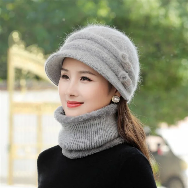 Gorro de invierno con forro de piel para mujer, conjunto de gorro y bufanda cálida, gorro de punto de piel de conejo informal