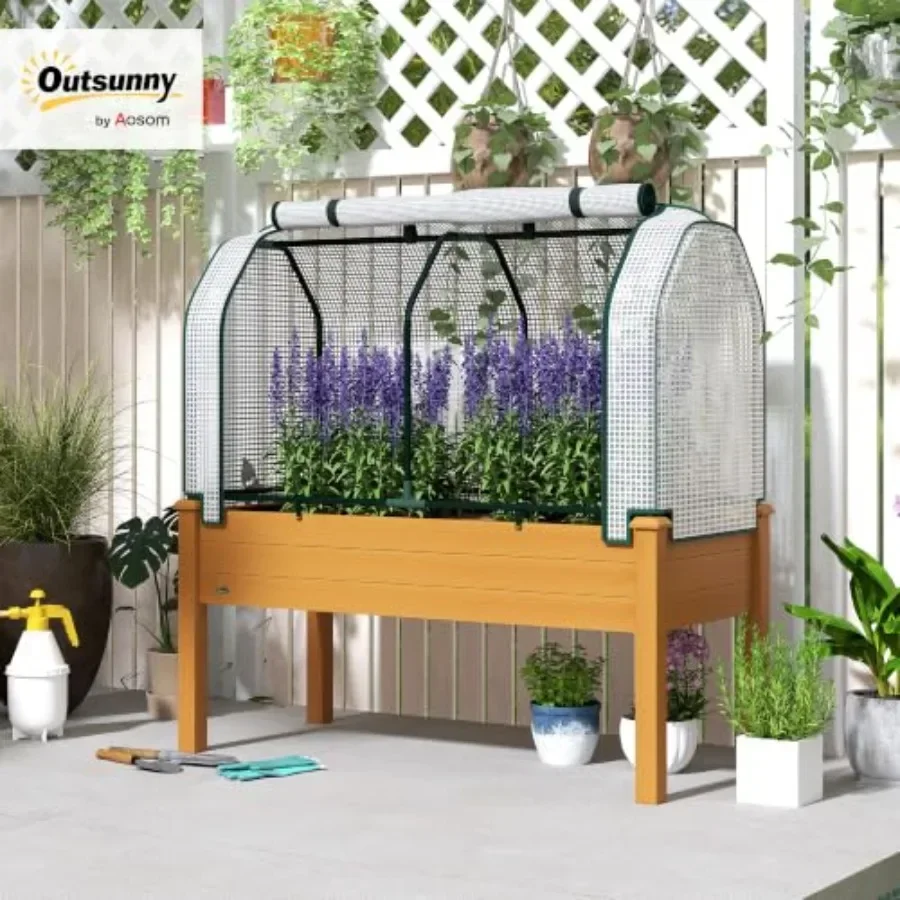 Raised Garden Bed with PE Greenhouse Cover for Outdoor Use, Sand-Colored, Durable UV-Resistant Material, 48x22x46 Inch