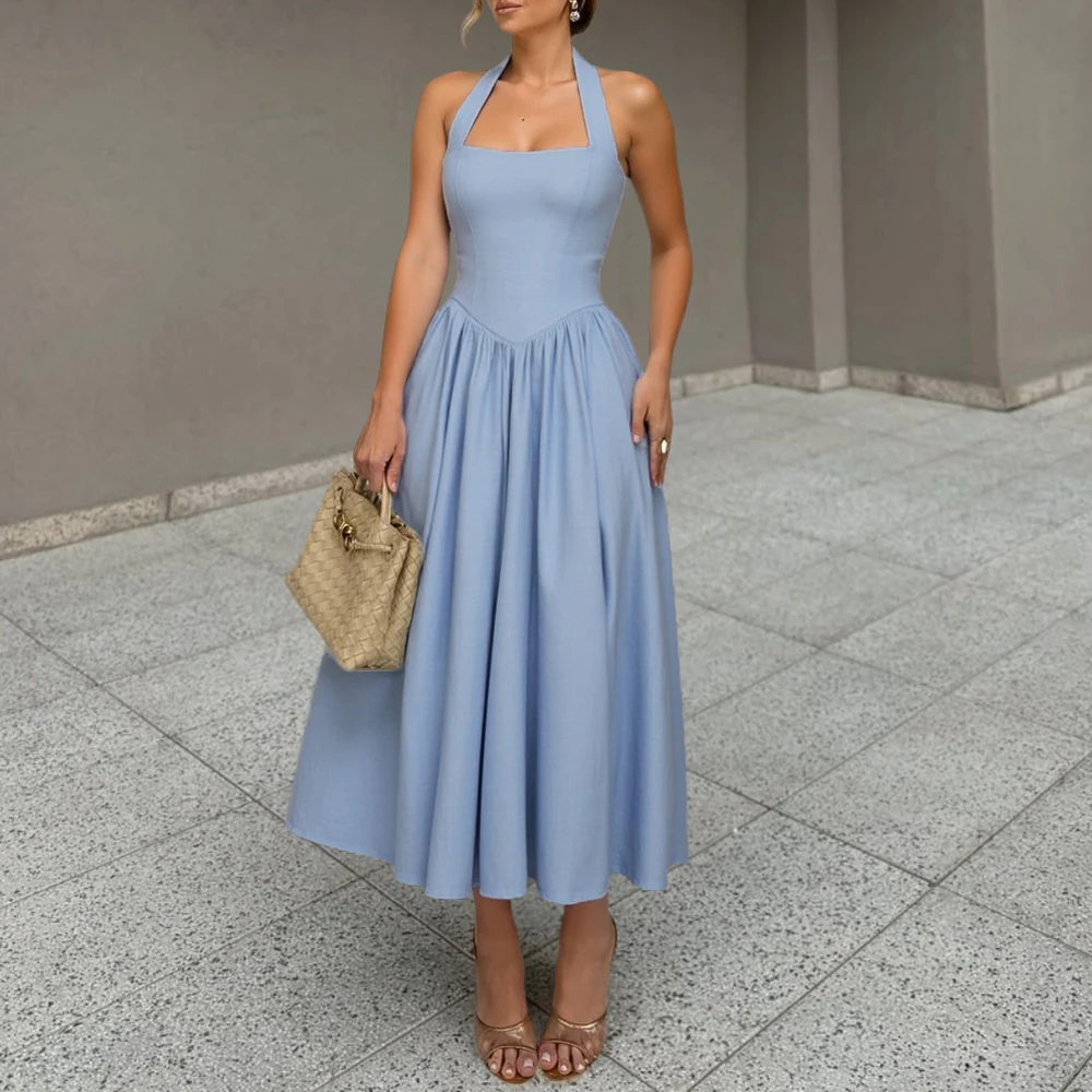 فستان نسائي متوسط الطول باللون الأزرق المريمية: مشد برقبة مربعة وتنورة واسعة على شكل حرف A - قماش منظم للخريف/أنيق رسمي متواضع #6