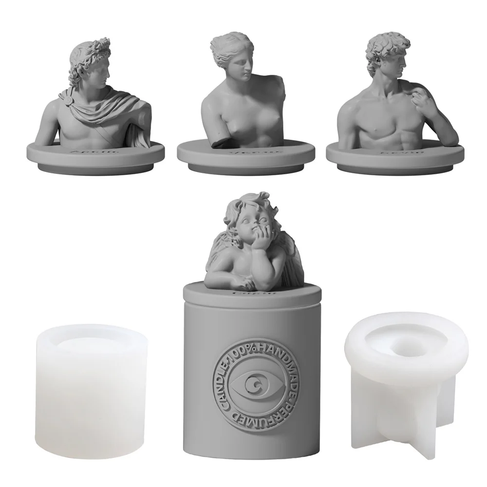 Greek Sculpture Candle Jar Silicone Mold Cement Candle Vessel Mould with Lid Storage Pot Home Decor