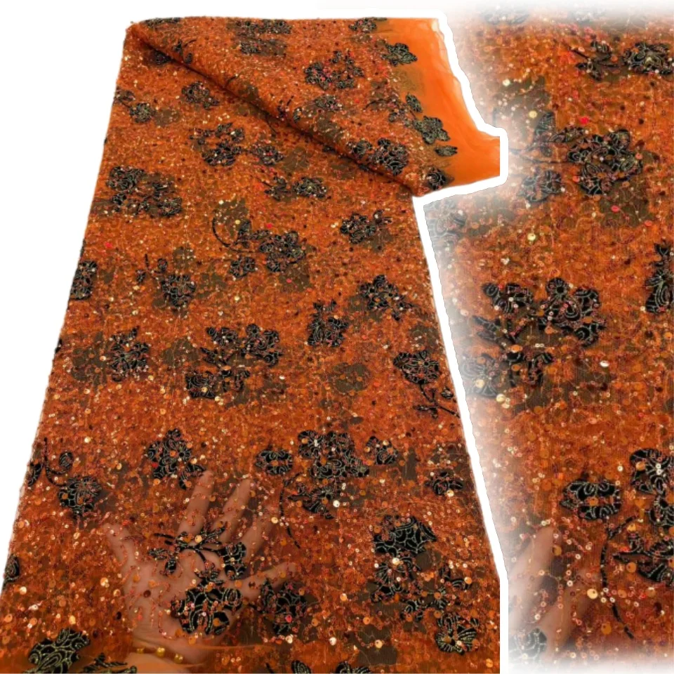 

Оранжевый африканский нигерийский тюль, сетчатая кружевная французская сетчатая кружевная ткань с блестками, роскошная вышивка для женских платьев, шитье TP1565