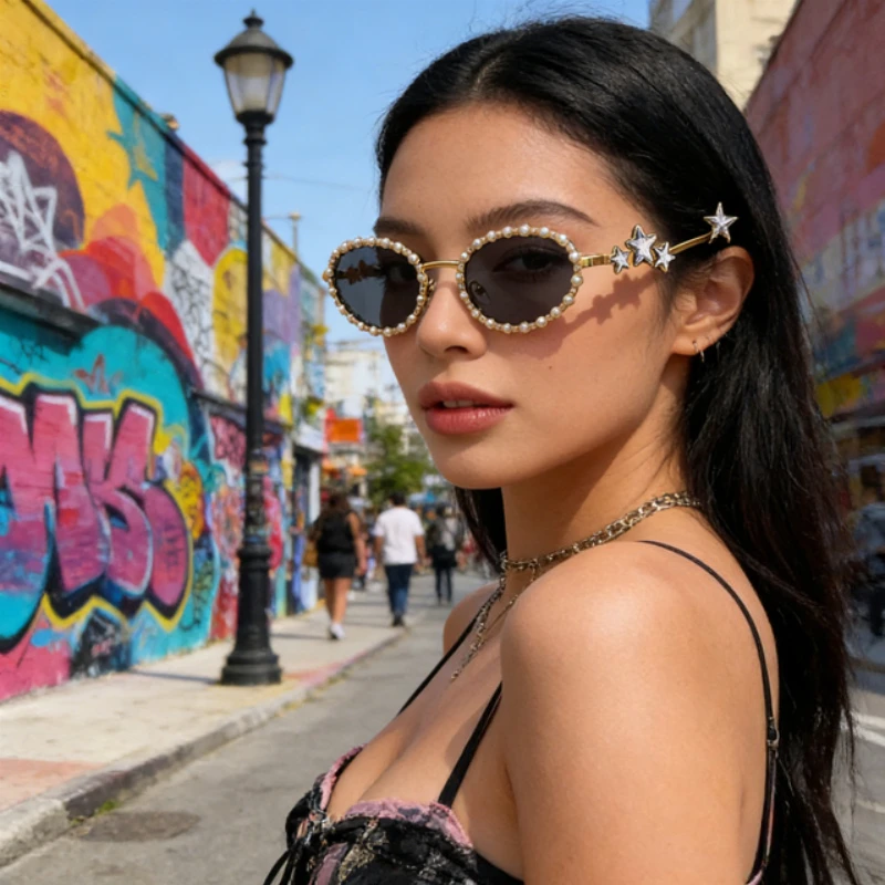 

Full Diamond Oval Frame Glasses Spice Girl Sunglasses Women Luxury Rhinestone Sunshades Trends Personalized Driving Eyewear