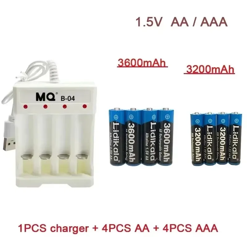 AA 1,5 V AA3600 mAh/AAA 3200 mAh + USB-Ladegerät, alkalischer Akku mit Ladegerät, für Computeruhren, Radios, Videospiele