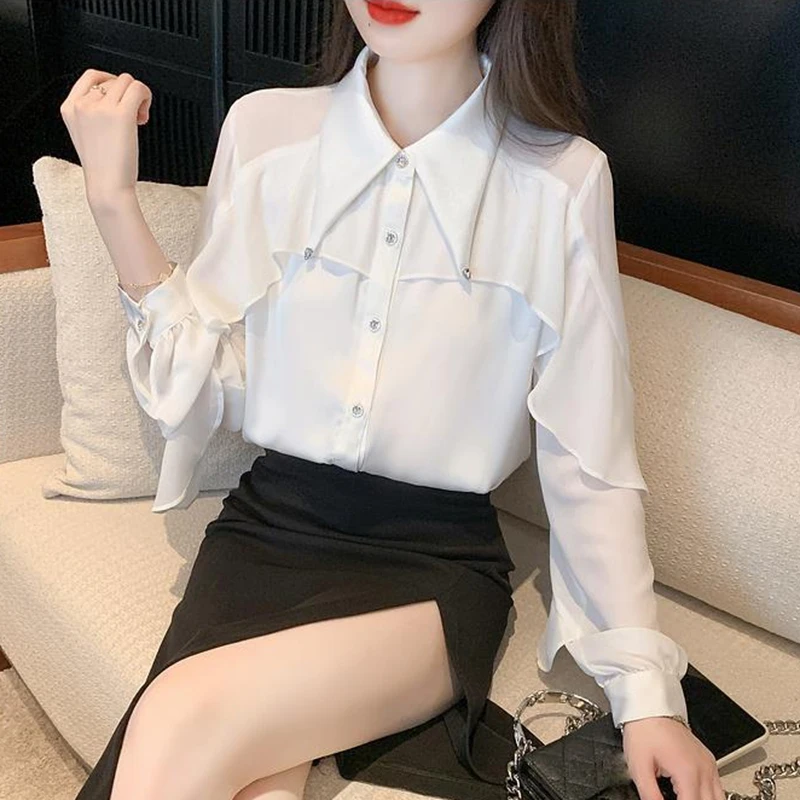 Chemises blanches à volants élégantes pour femmes, vêtements coréens à manches longues Y2k, hauts décontractés pour dames, chemisiers de bureau en mousseline de soie surdimensionnés, 2025