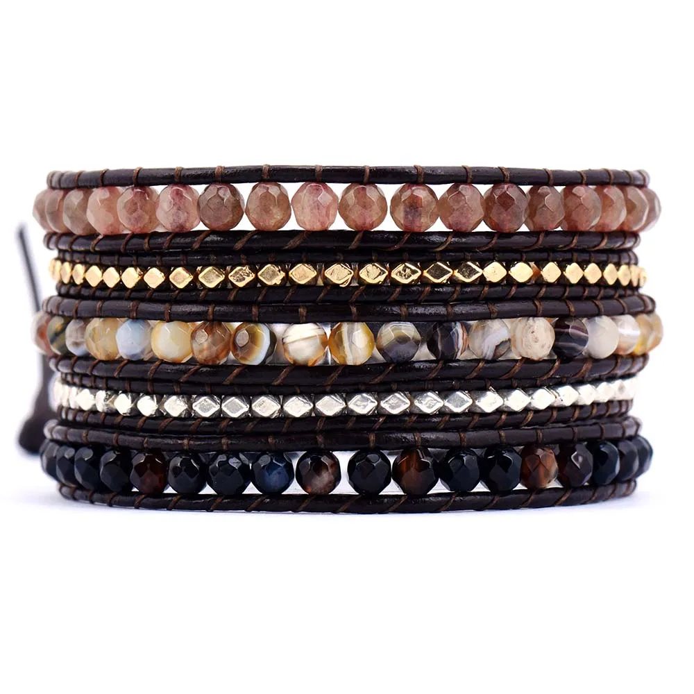 New Cool 5 Strands Mixed Stones Onyx Metal Beads Leather Wrap Bracelets Vintage Black Lover's Bracelet