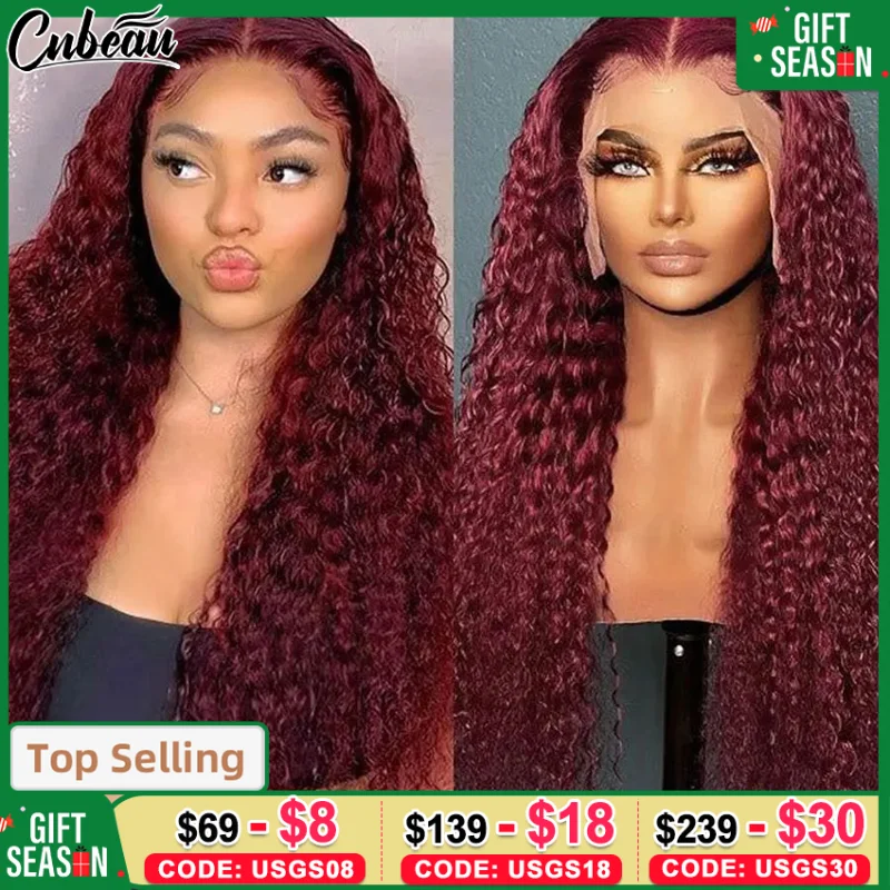 13x4 HD 99J Burgundy Deep Wave Lace Front Wig 220 Density Curly 30 34 Inches 13x6 Lace Frontal Human Hair Wig Red Wine For Women